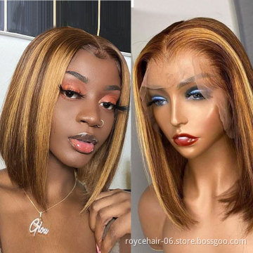 Wholesale P4/27 Ombre Straight Hair Bob Wig, Short Highlight Indian Virgin Human Hair Transparent T Shape Lace Wig For Women